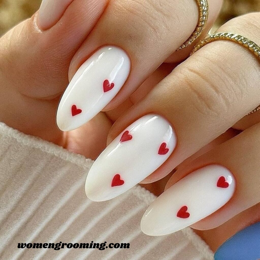 White Nails with Red Hearts