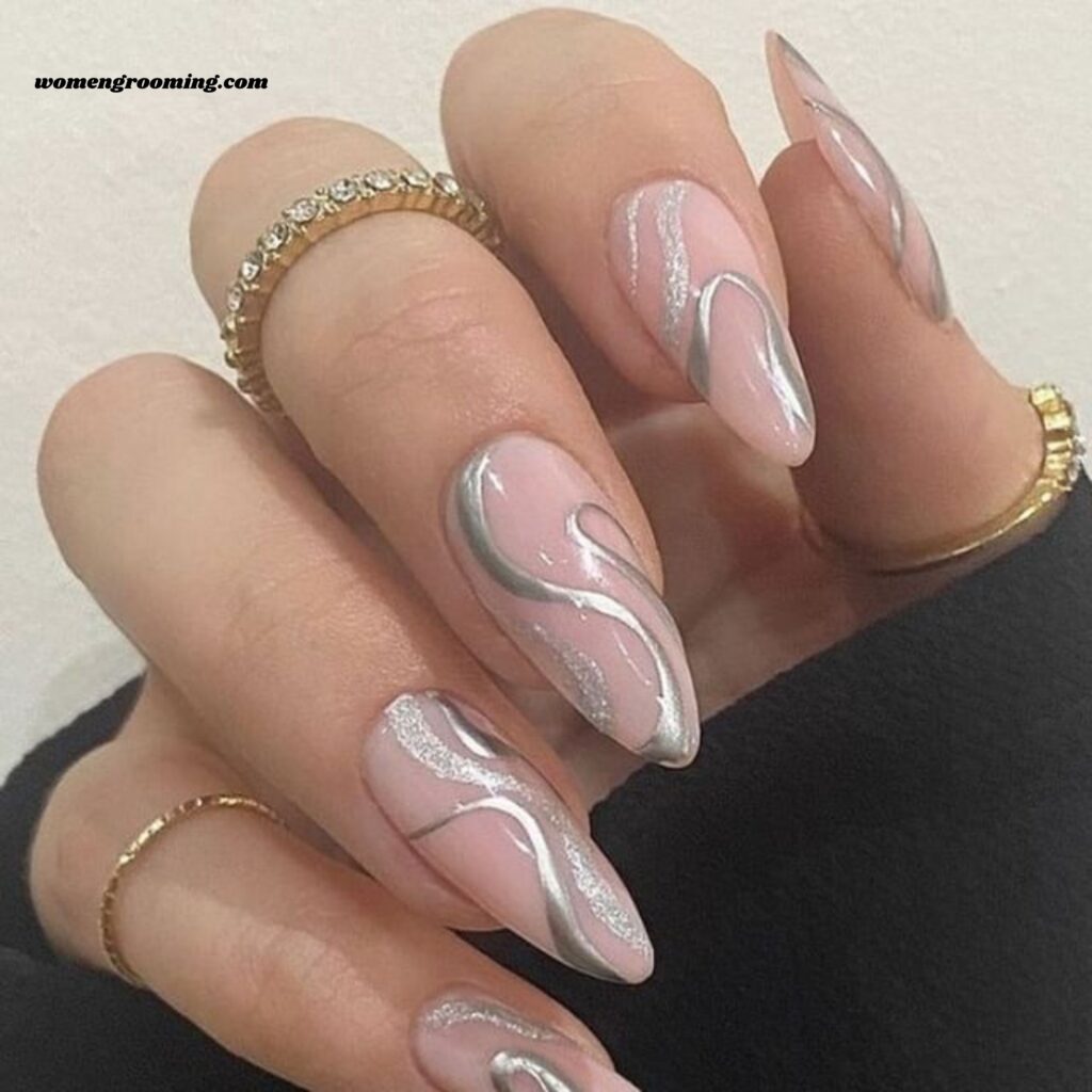 White and Silver Swirl Nails