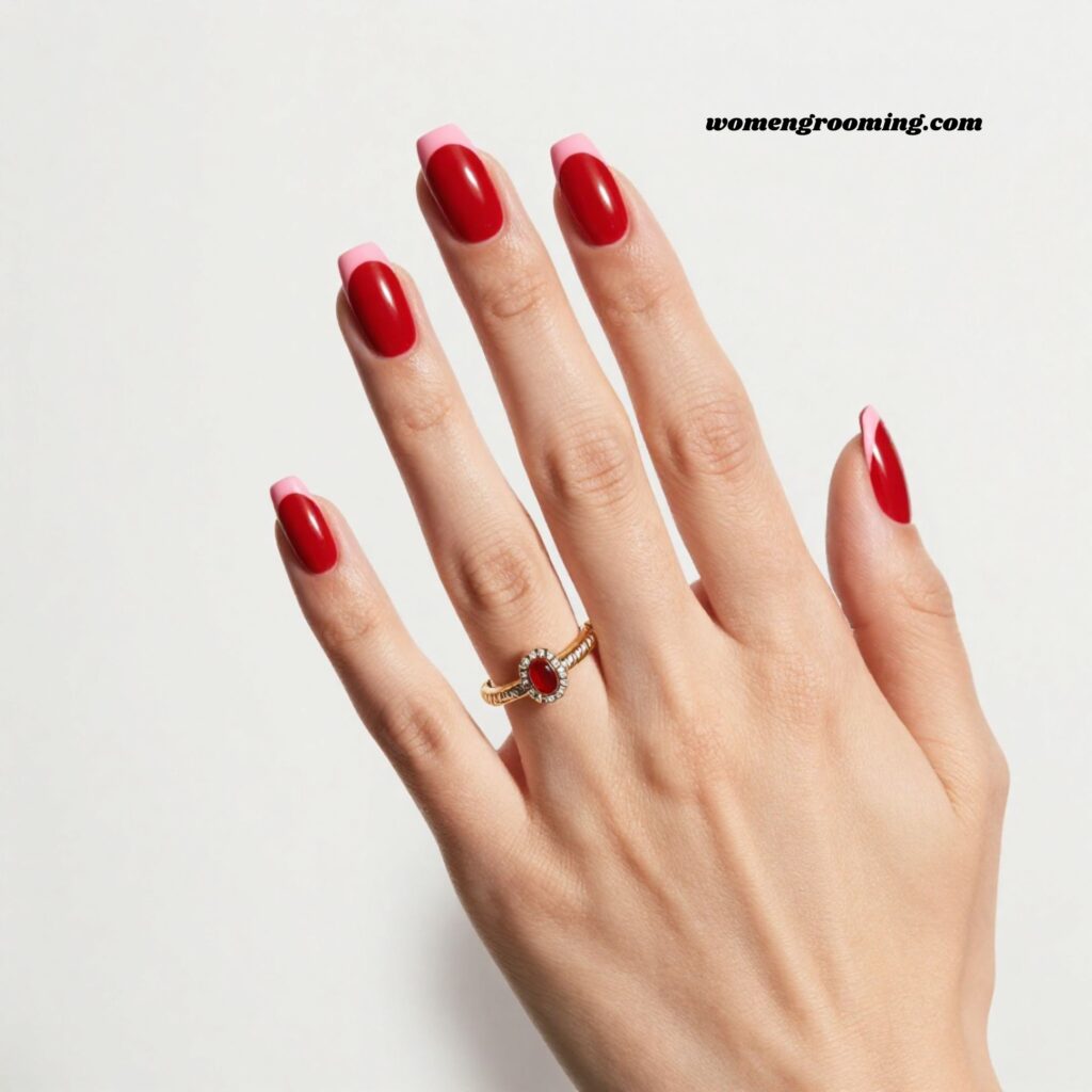 red nails with pink french tip